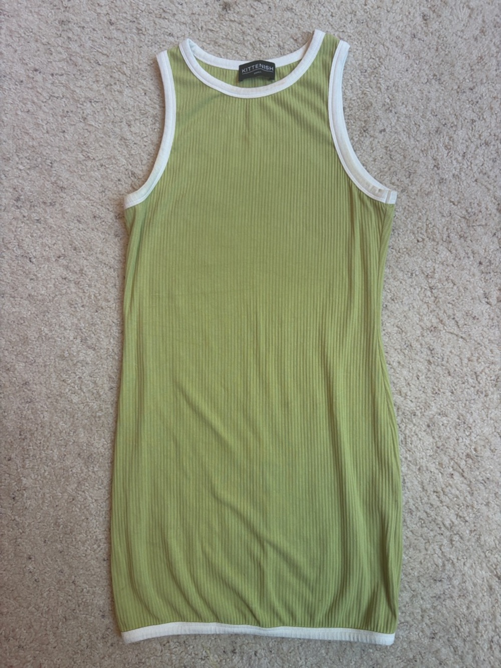 Kittenish Olive Green Ribbed Tank Dress with White Trim